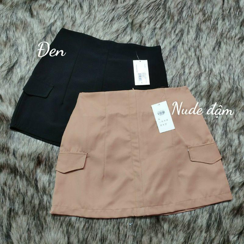 CHÂN VÁY CHỮ A NÂU 2 TÚI GIẢ