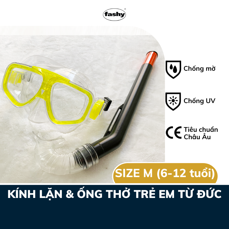 Kính lặn trẻ em kèm ống thở nhập khẩu từ Đức thương hiệu Fashy, đạt tiêu chuẩn chất lượng Châu Âu, thiết kế phù hợp lặn hồ, biển cho cả bé trai và bé gái từ 6-12 tuổi size M nhiều màu