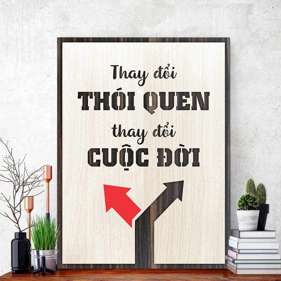 Tranh Gỗ Decor trang trí quán Coffee TBIG066 slogan câu nói hay ý nghĩa &quot;thay đổi thói quen thay đổi cuộc đời