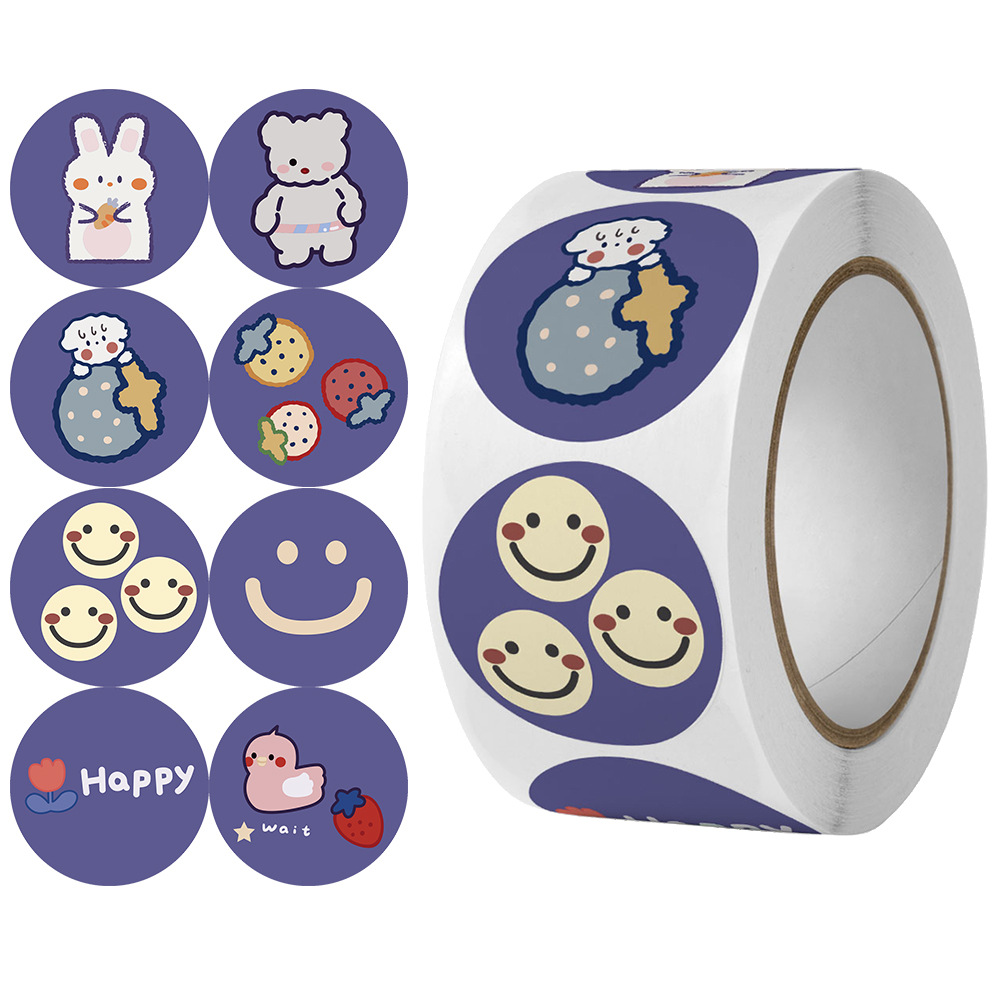 Cuộn 500 tem sticker trang trí gấu thỏ tím happy size 2.5cm có keo dính