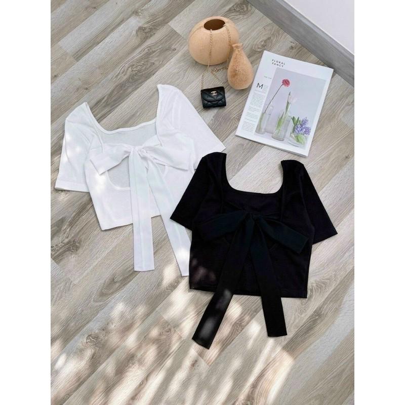 Áo hở lưng croptop tay ngắn buộc nơ có mút ngực kx