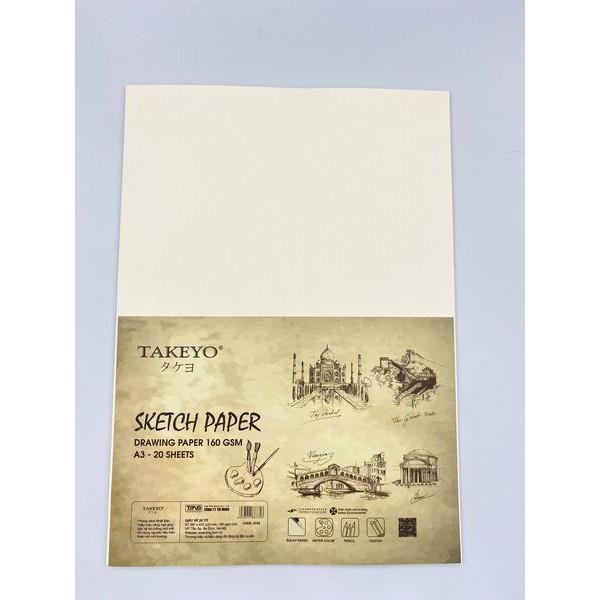 Tệp Giấy Vẽ Màu Nước size A3, size A4 TAKEYO SKETCH PAPER 20 Tờ - ĐL 160gsm