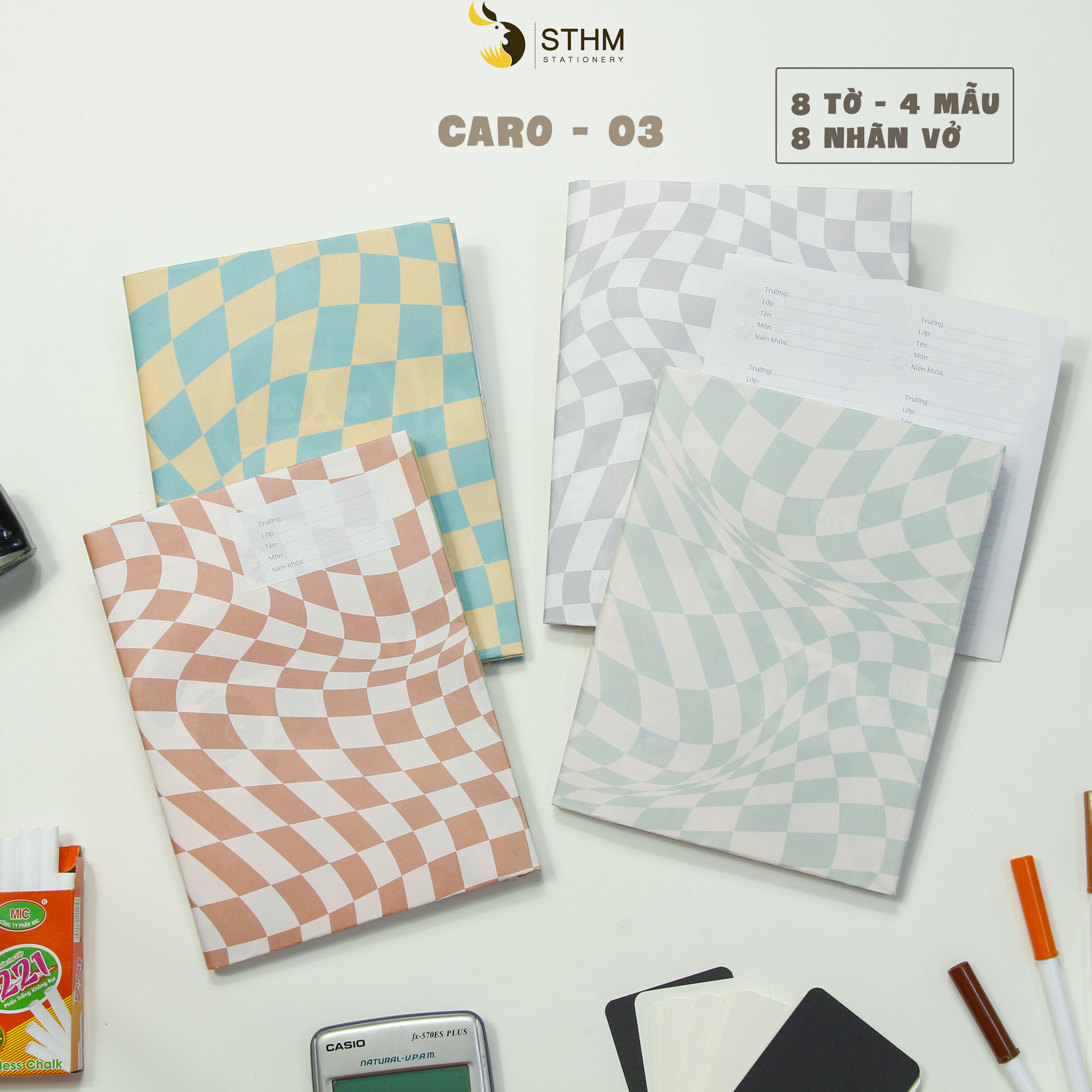 - Giấy bao tập A5 - Caro - Kraft trắng 100gsm - Tặng kèm nhãn vở