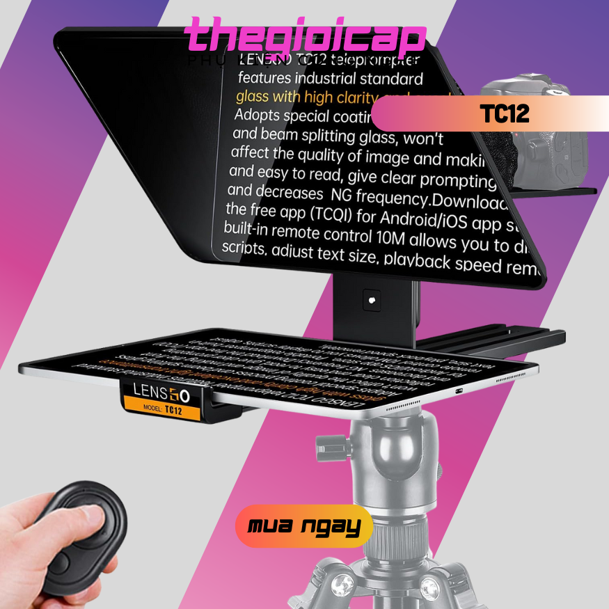 Máy Nhắc Chữ Di Động 12 Inch Dành Cho Máy Ảnh Và Máy Quay, Hỗ Trợ Kẹp Ngang Dọc, Điều Khiển Từ Xa Lensgo TC12 - Hàng Nhập Khẩu
