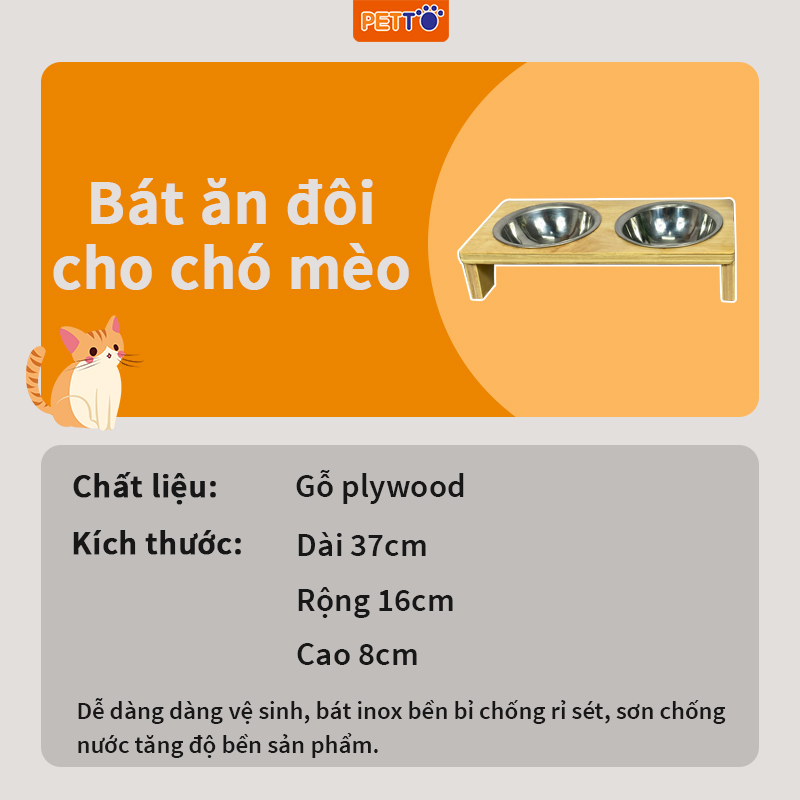 Bát ăn đôi cao cấp cho chó mèo bằng gỗ + CHÉN INOX xinh xắn BFD032