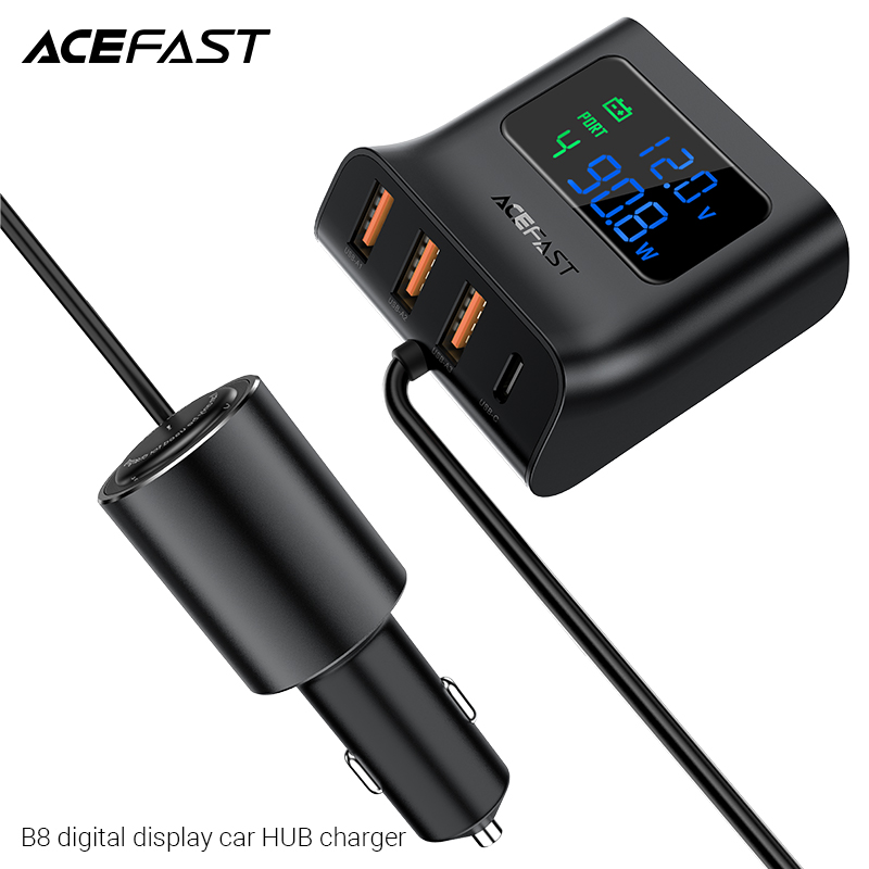 Sạc Hub ô tô Acefast 90W 4 cổng 3xUSB-A + USB-C có đèn hiển thị - B8 Hàng chính hãng Acefast