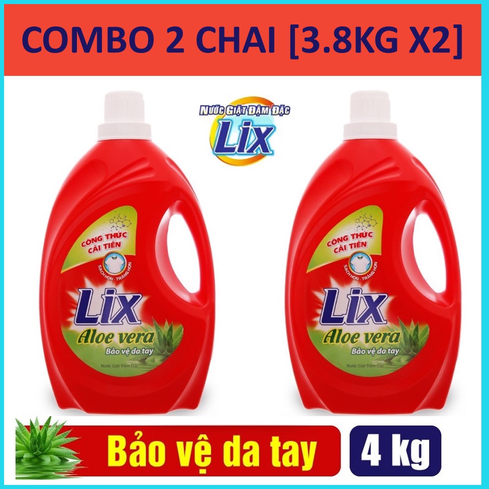 COMBO 2 Chai Nước giặt LIX Nha đam Aloe Vera bảo vệ da tay chai 3.8KGX2