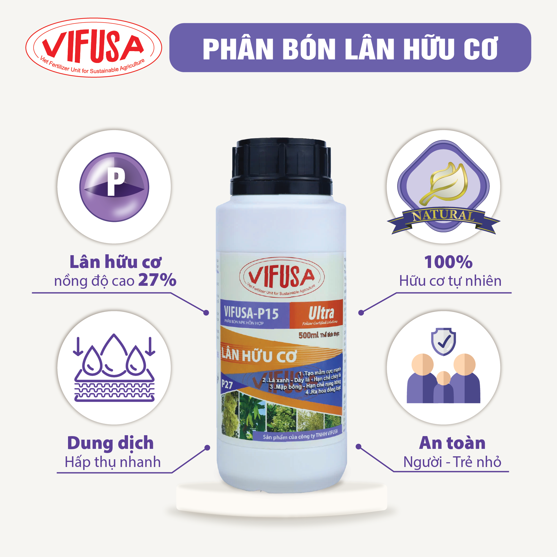 VIFUSA-P15 Ultra - Phân bón lân hữu cơ chai 500ml