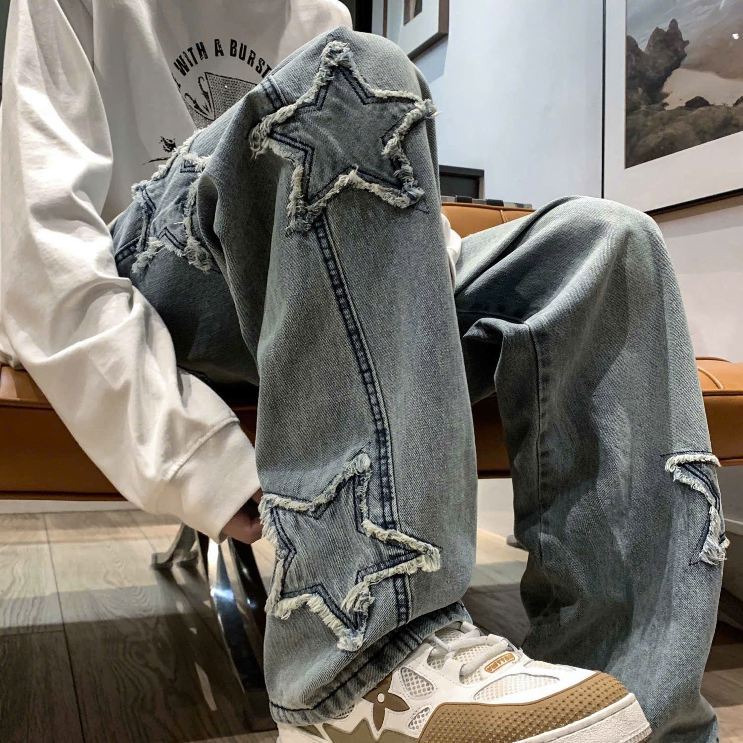 Quần jean ống rộng nam nữ 2N Unisex hình ngôi sao Q10