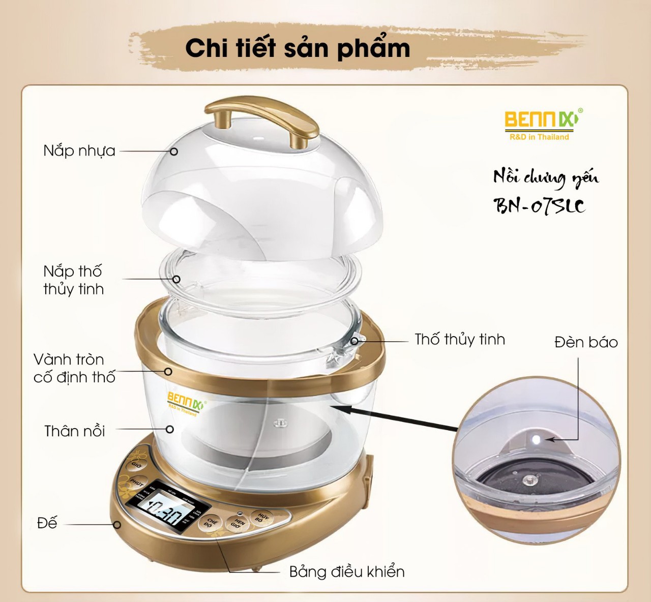 Nồi Chưng Yến Thố Thủy Tinh, Nồi Tiềm Cách Thủy Đa Năng Bennix BN07SLC 0.7L- Hàng Chính Hãng