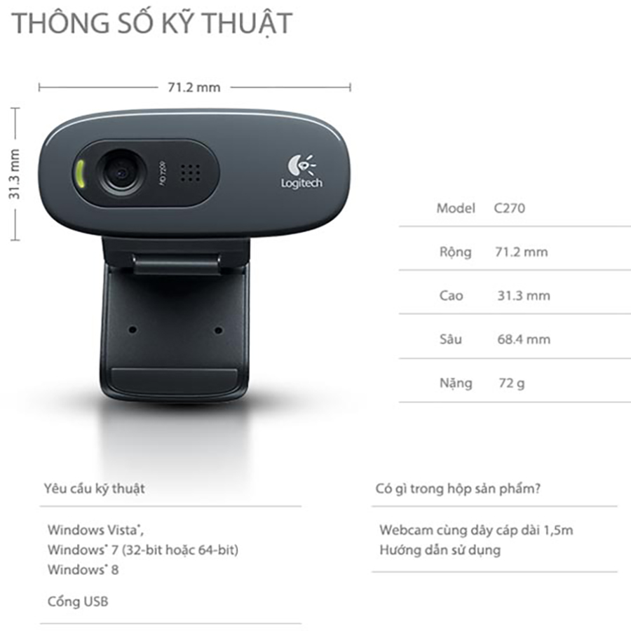 Webcam Logitech C270 720P - Hàng chính hãng