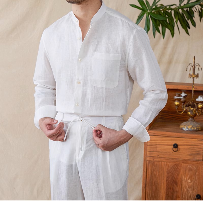 Set bộ nam gồm áo sơ mi cổ trụ dài tay phối quần suông dài lưng thun basic vải Linen thoáng mát sang trọng