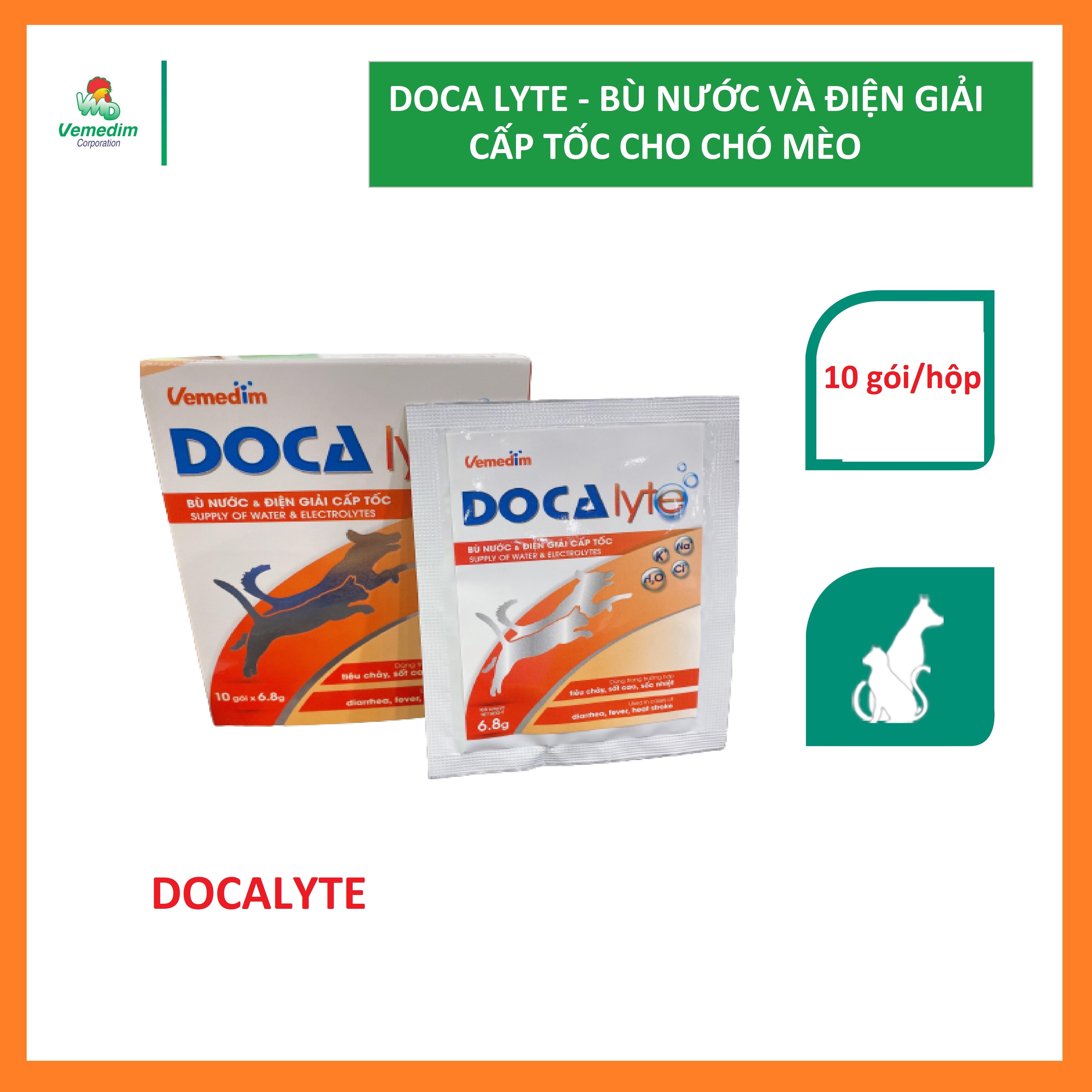Vemedim Docalyte bột pha nước uống bổ sung cấp tốc các ion điện giải, glucose và glycine, bù nước cho chó mèo, gói 6.8g