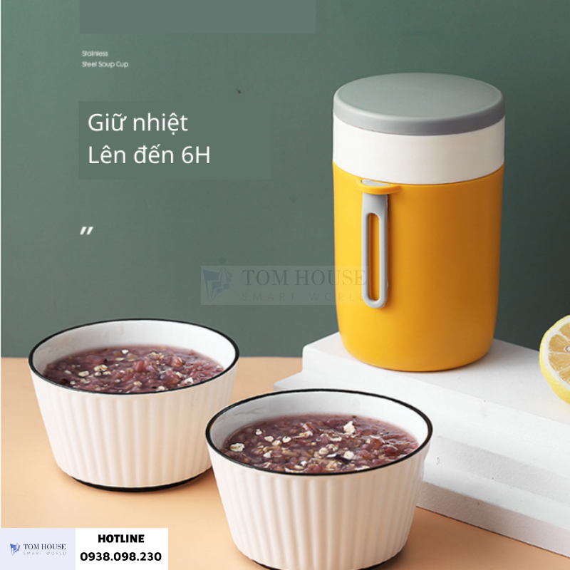 Cốc Đựng Cháo 580ML Kèm Muỗng Và Túi Giữ Nhiệt, Ruột Inox 304 Hộp Đựng Cháo Canh Soup Bền Đẹp Có Tay Xách