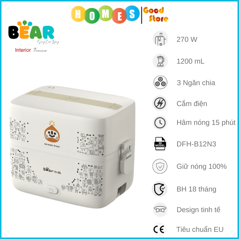 Hộp Cơm Điện Văn Phòng BEAR DFH-B12N3 2 Tầng Dung Tích 1.2 Lít Công Suất 270 W - Hàng Chính Hãng