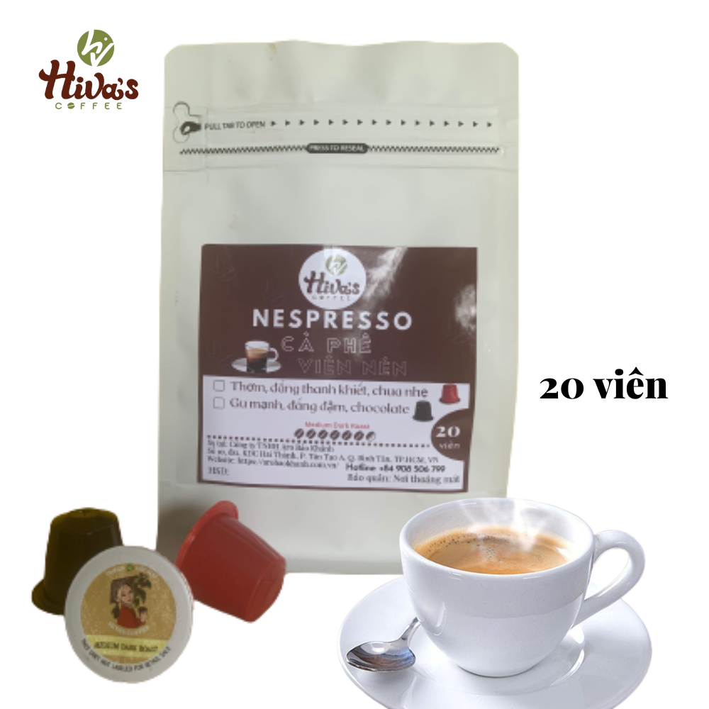 Cà phê viên nén Nespresso chính hãng HIVA'S COFFEE, túi zip 20 viên nhựa - Nguyên chất, Thơm đậm đà vị chocolate, Gu mạnh, sâu, hậu ngọt tự nhiên - Dòng TIẾT KIỆM. Giá TỐT tại xưởng
