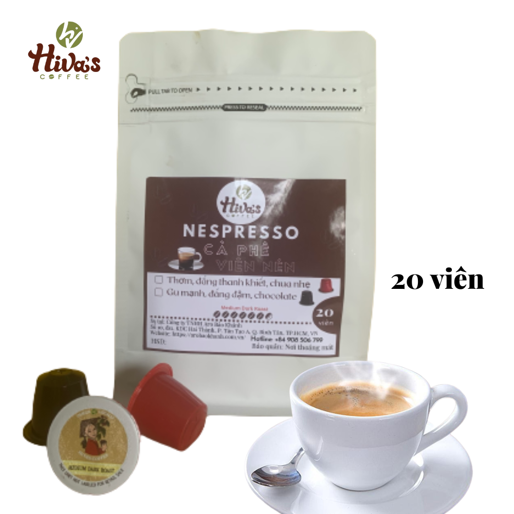 [Tiết kiệm] Cà phê viên nén Nespresso chính hãng HIVA'S COFFEE, túi zip 20 viên nhựa - Nguyên chất, Thơm đậm đà vị chocolate, Gu mạnh, sâu, hậu ngọt tự nhiên - Dòng TIẾT KIỆM. Giá TỐT tại xưởng