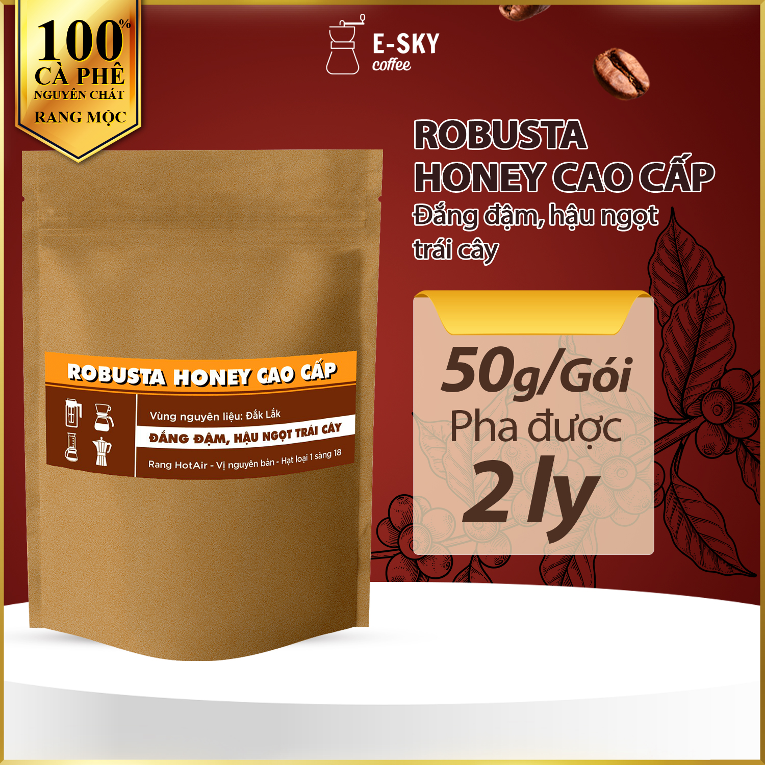 Mẫu Thử Cà Phê Rang Xay Nguyên Chất E-SKY Coffee Cafe Pha Phin 50gr