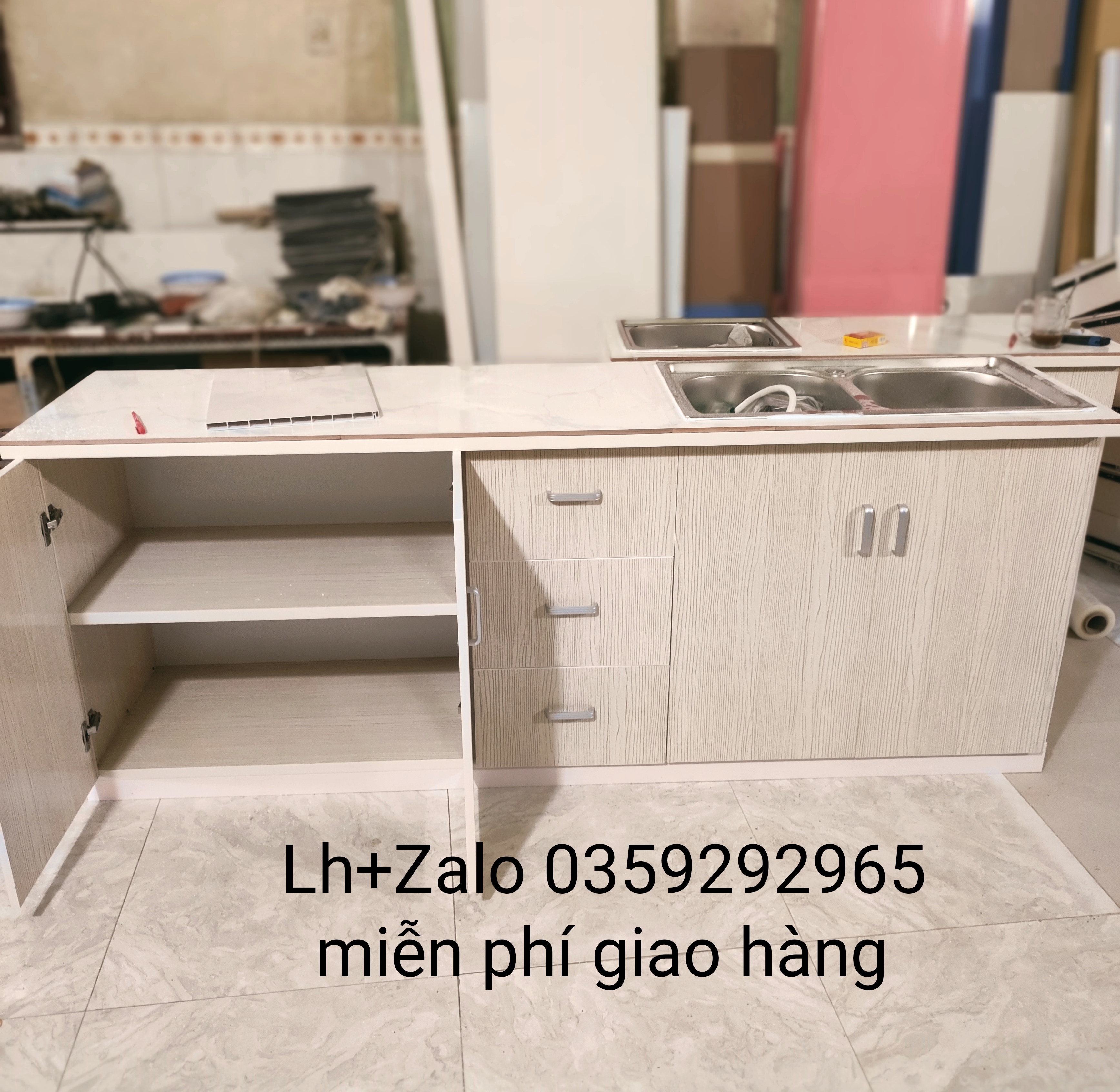 Tủ bếp mini nhựa đài Loan ốp mặt gạch sẵn bồn đôi