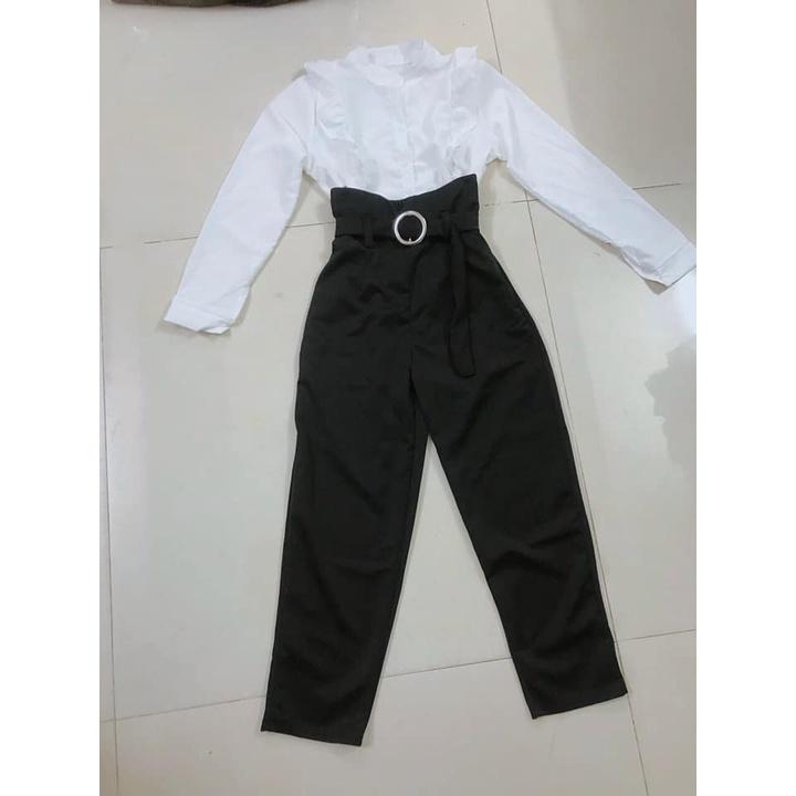 TBL-Set bộ thời trang nữ áo sơ mi trắng dài tay kèm quần suông kate đen phong cách nữ sinh, thời thượng