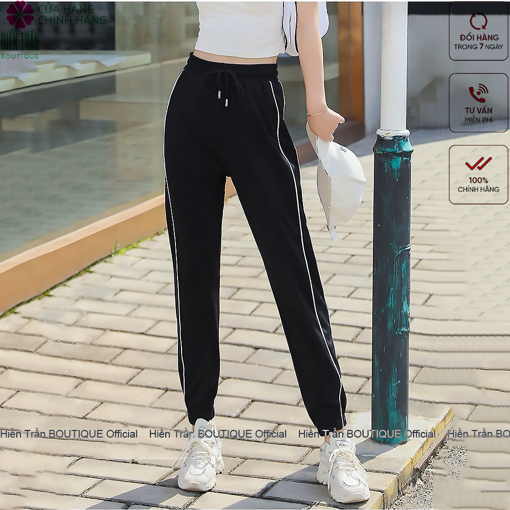 Quần jogger nữ Hiền Trần BOUTIQUE dáng dài cạp chun thiết kế một sọc bên kiểu bo gấu năng động cá tính thể thao tập gym