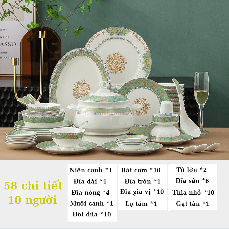 Bộ bát đĩa SỨ XƯƠNG cao cấp, Bộ bát ăn cơm họa tiết tân cổ điển 28 - 58 chi tiết, Hàng Nhập khẩu Mạ vàng 24K, An toàn tuyệt đối cho sức khỏe