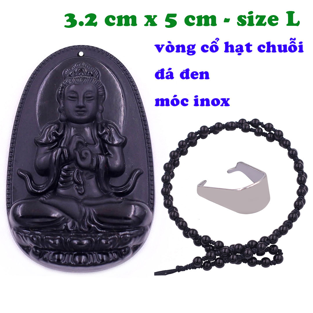 Mặt Phật Đại nhật như lai đá thạch anh đen 5 cm kèm vòng cổ hạt chuỗi đá đen - mặt dây chuyền size lớn - size L, Mặt Phật bản mệnh