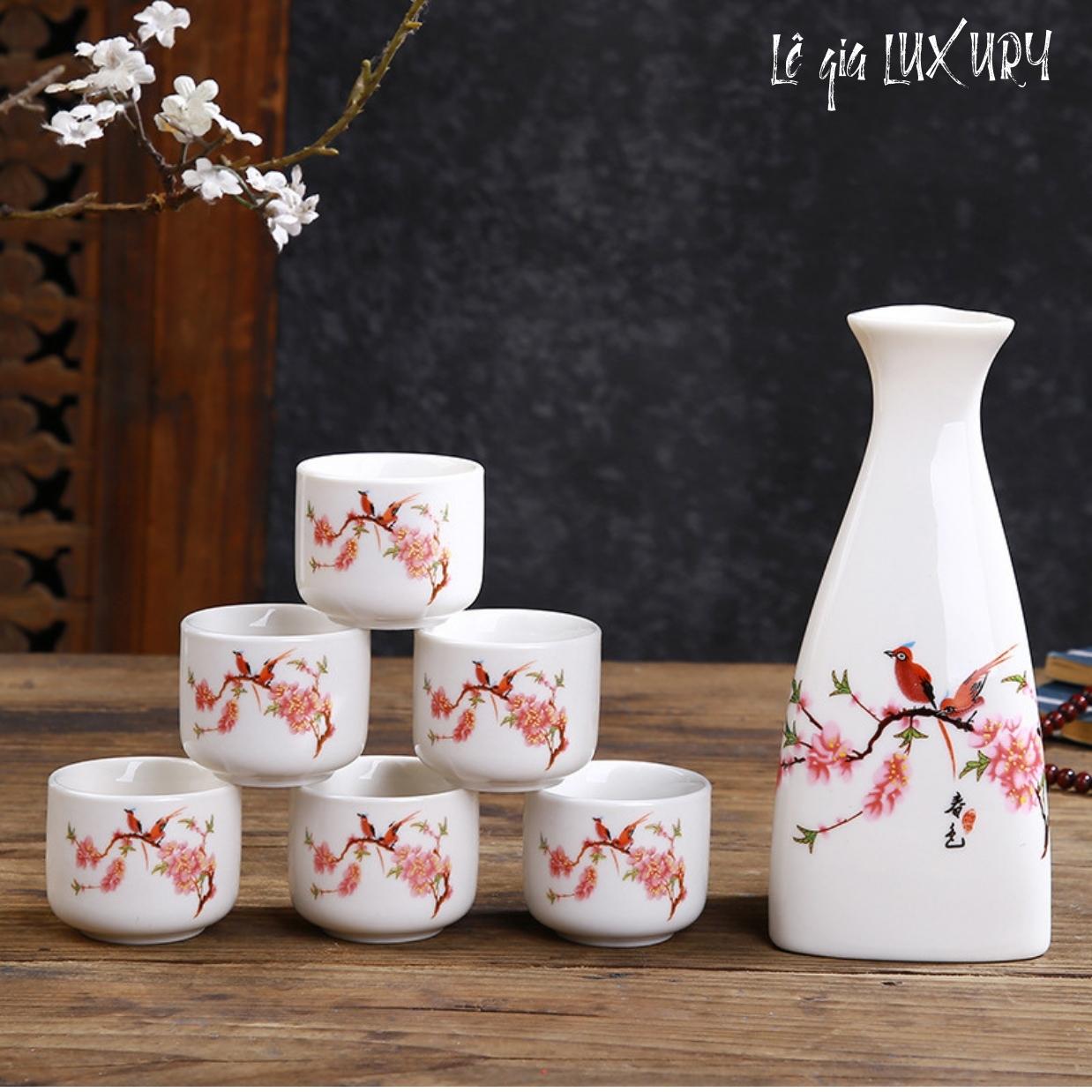 Bình rượu sake Nhật, bình Sake, Bộ bình rượu gốm sứ 6 chén, Bộ ấm trà sake