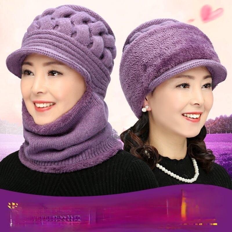 Mũ len ấm cho người già, nón len nữ kèm khăn che mặt siêu ấm, mũ len thời trang nữ trung niên