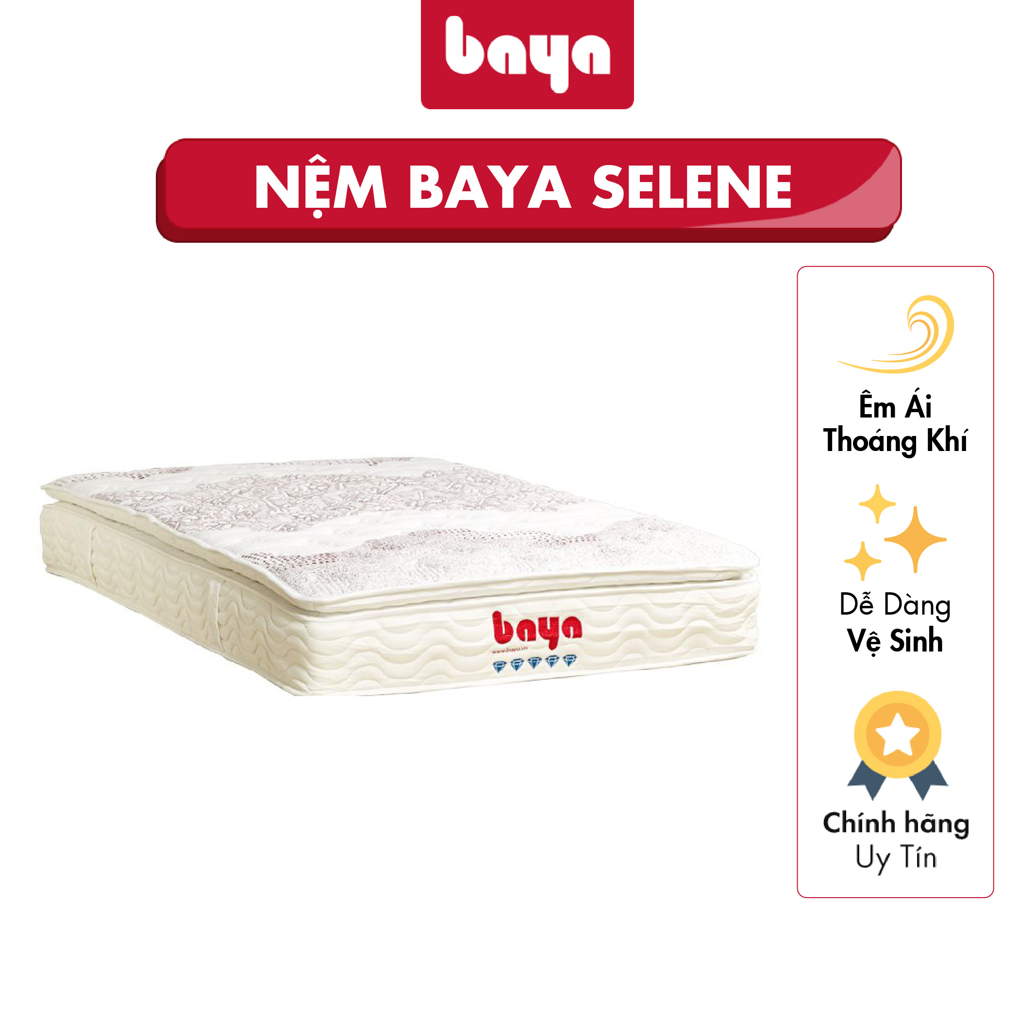 Nệm Lò Xo BAYA SELENE Khung Lò Xo Túi Bằng Thép Nhập Khẩu Có Các Lớp Foam Bao Quanh Chất Lượng Cao, Bề Mặt Đệm Được Bọc Lớp Vải Gấm