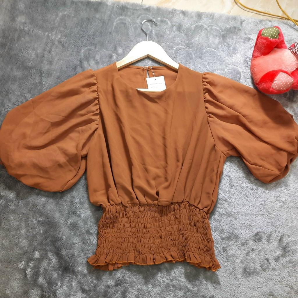 Áo hoa kiểu cổ tròn tay phồng bo eo cực xinh hàng freesize