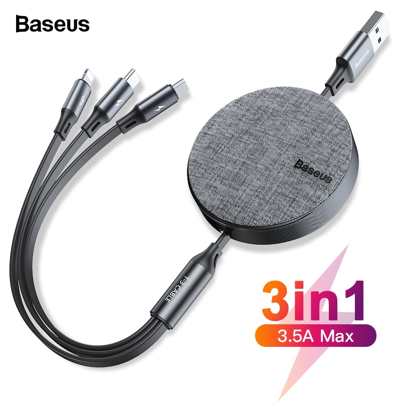 Dây cáp sạc dây rút 3 đầu lightning / Type-C / MicroUSB hỗ trợ sạc nhanh hiệu Baseus Fabric bề mặt phủ nhung (sạc nhanh 3.5A, sạc cùng lúc 3 thiết bị, dây cáp thu gọn, chip sạc thông minh) - Hàng chính hãng