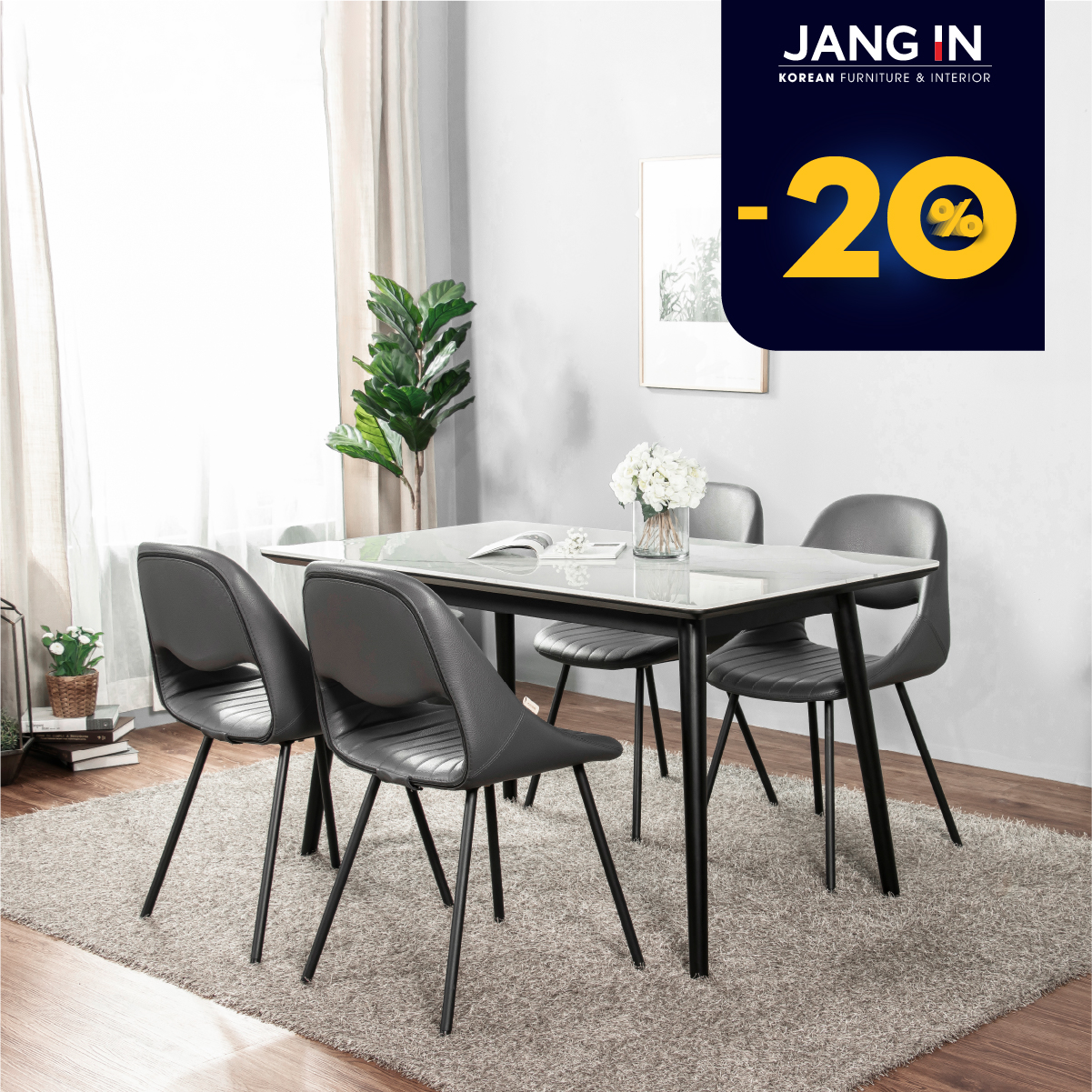 Bộ bàn ăn Amelia 4 chỗ vuông 1400mm + 4 ghế Jang In 1504300001-08