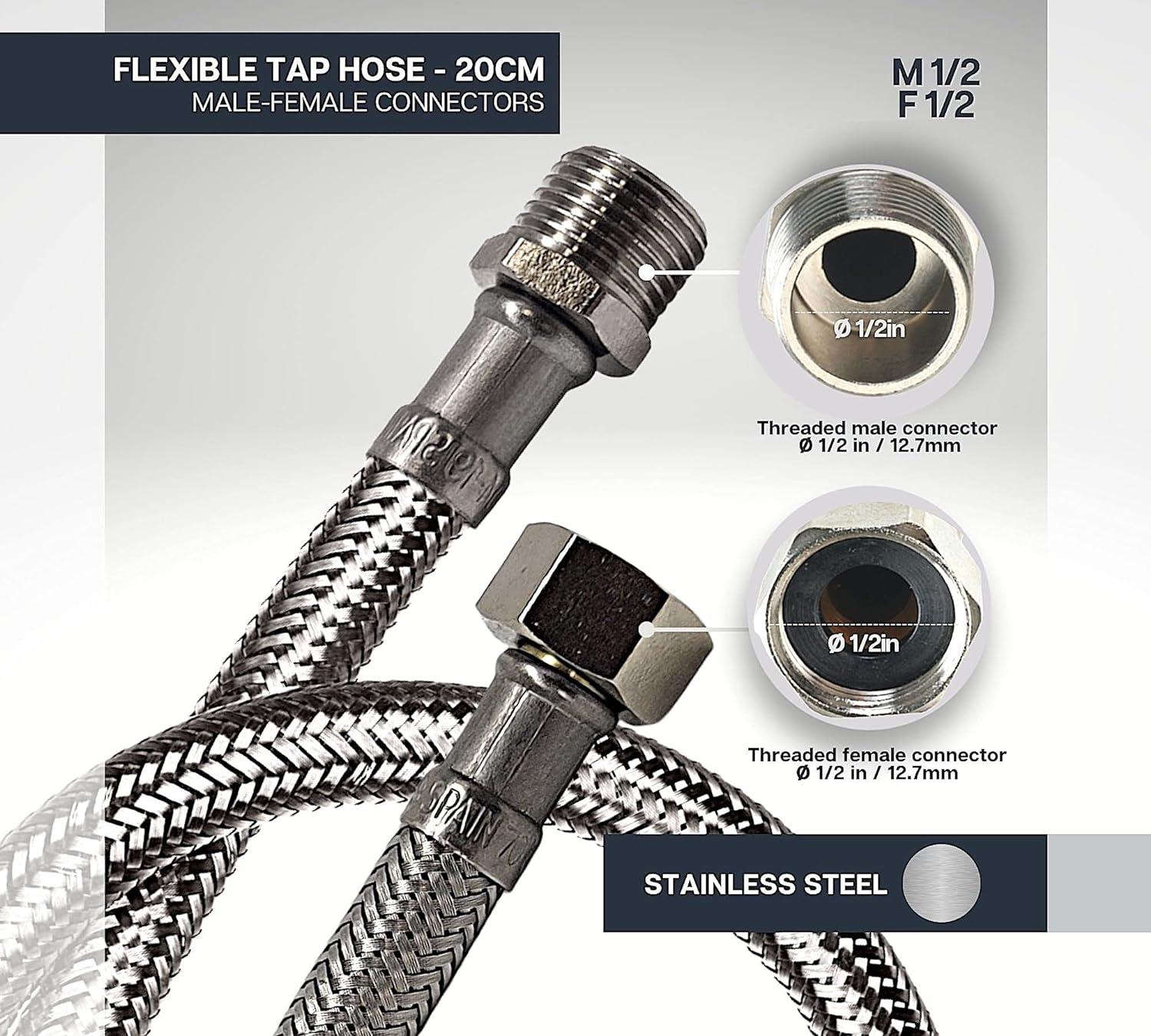 Công nghiệp | Vòi Linh Hoạt Cho Vòi | 2 Cái Nam/Nữ | M 1/2" - F 1/2" | Chiều dài: 20 cm | Vòi Cho Vòi Nước, Sen Tắm Inox | Flexo cho vòi trộn bếp, vòi chậu rửa.