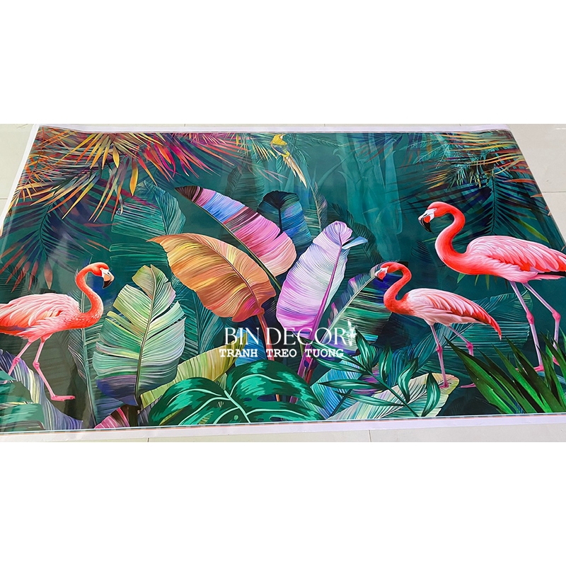 (ẢNH THẬT) Tranh dán tường 3d khu rừng lá nhiệt đới tropical và chim hồng hạc có sẵn keo, dễ dán