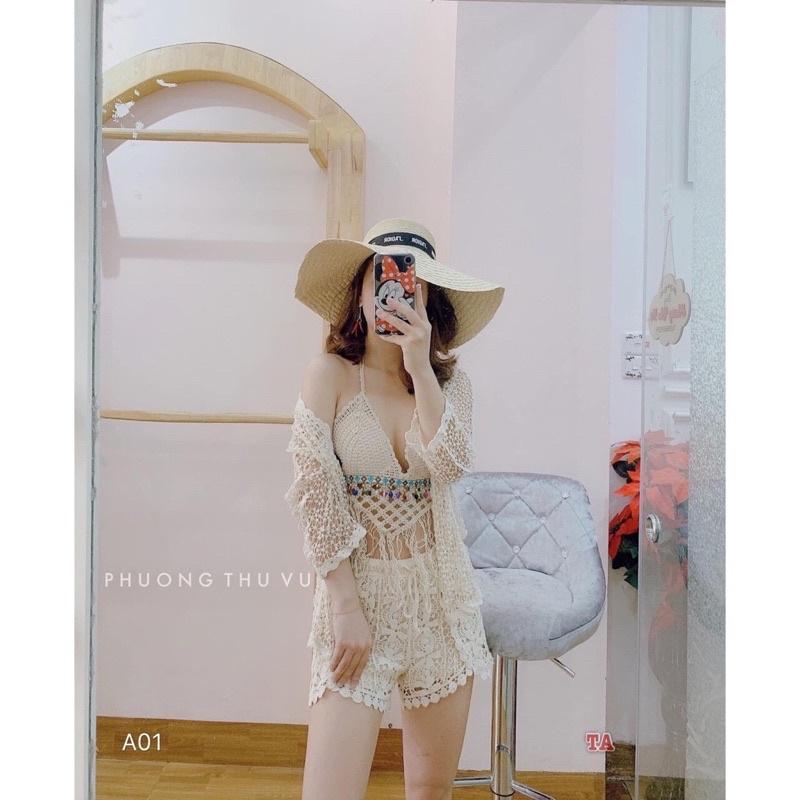 56-Set đồ bơi bikini sợi móc + ren 3 món đi biển mùa hè( có bán lẻ)