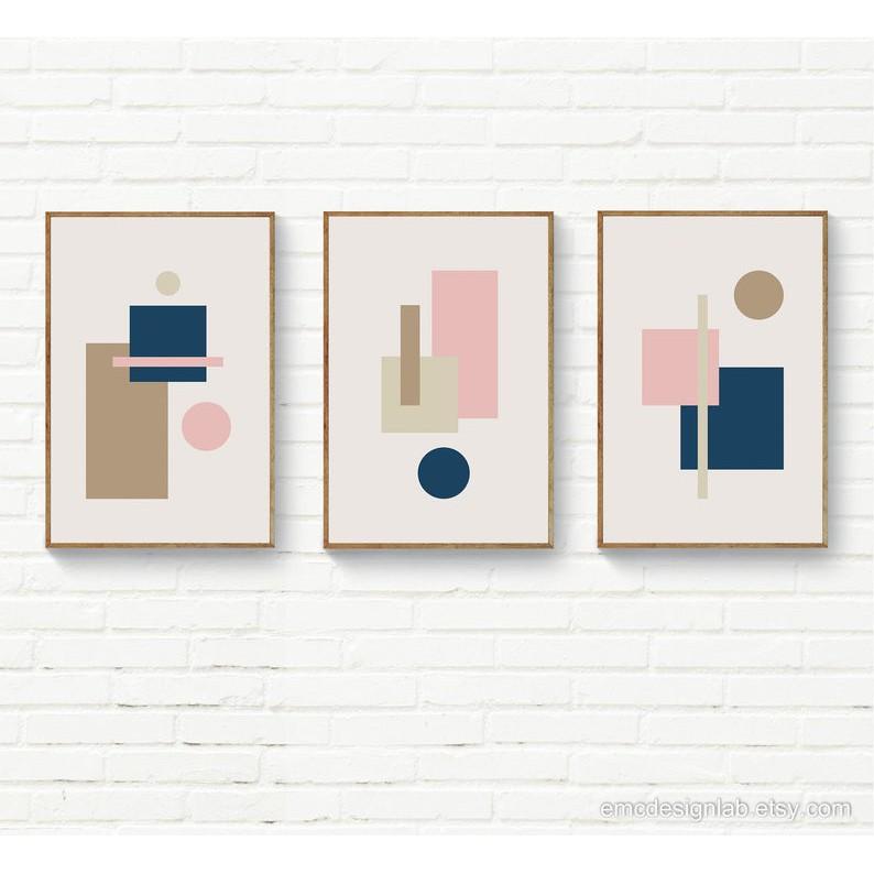 Tranh treo tường | Bộ 3 tranh Modern Geometric Print Set, Navy Pink Beige Wall Art, Original Office Décor