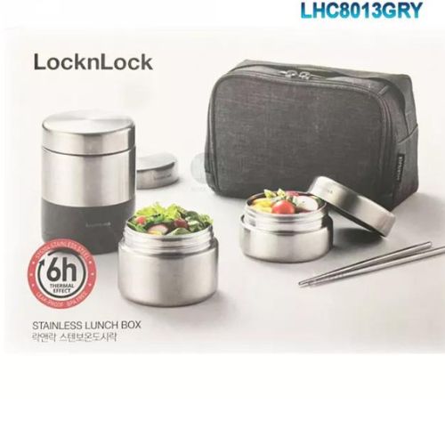 Bộ Hộp Cơm Giữ Nhiệt Lock&Lock Dung Tích 1.150ml (450ml*1, 420ml*1, 280ml*1 Kèm Đũa Và Túi Xách) Giữ Nhiệt Tới 6h - Màu Xám