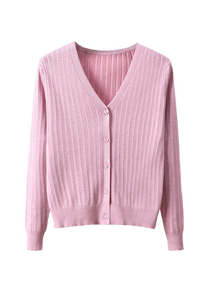 Women Solid Knitted Cardigan Coat Buttoned Front V Neck Long Sleeves Ribbed Autumn Spring Sweater Knitting Coat