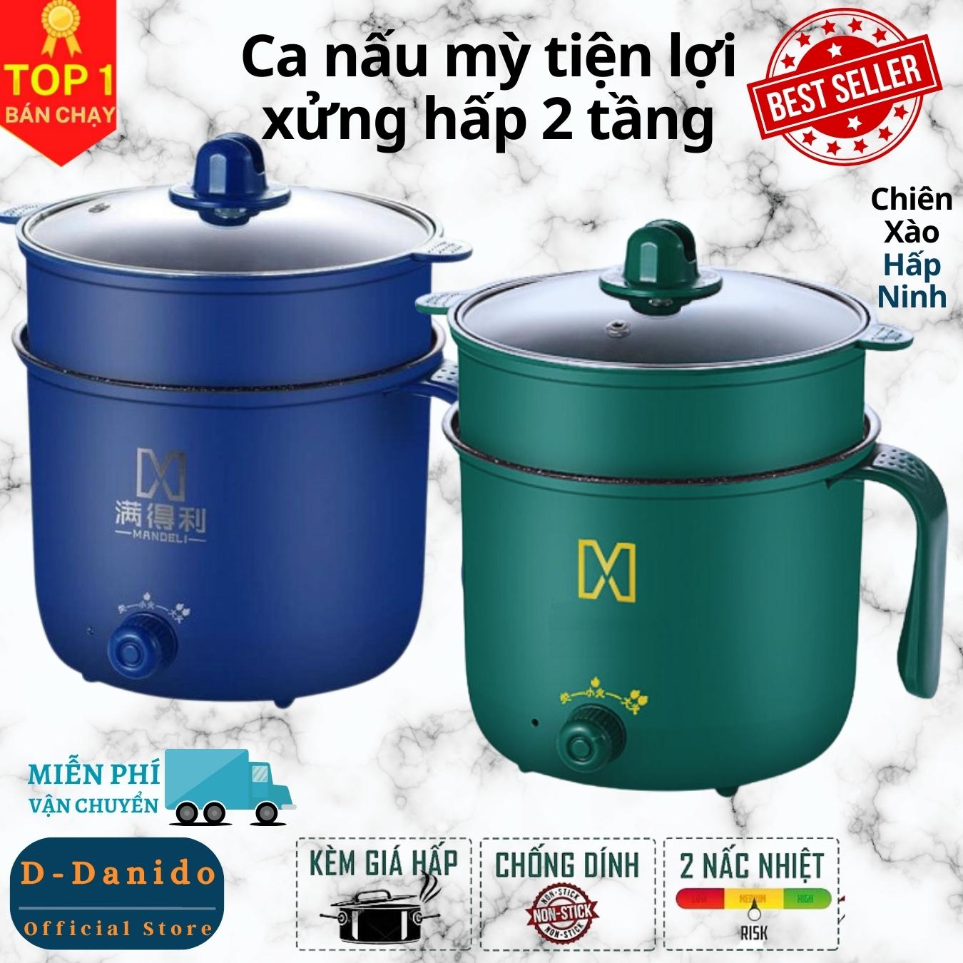 Nồi lẩu điện mini 2 tầng chống dính tặng khay hấp  - Ca nấu mì mini đa năng - Hàng chính hãng D Danido