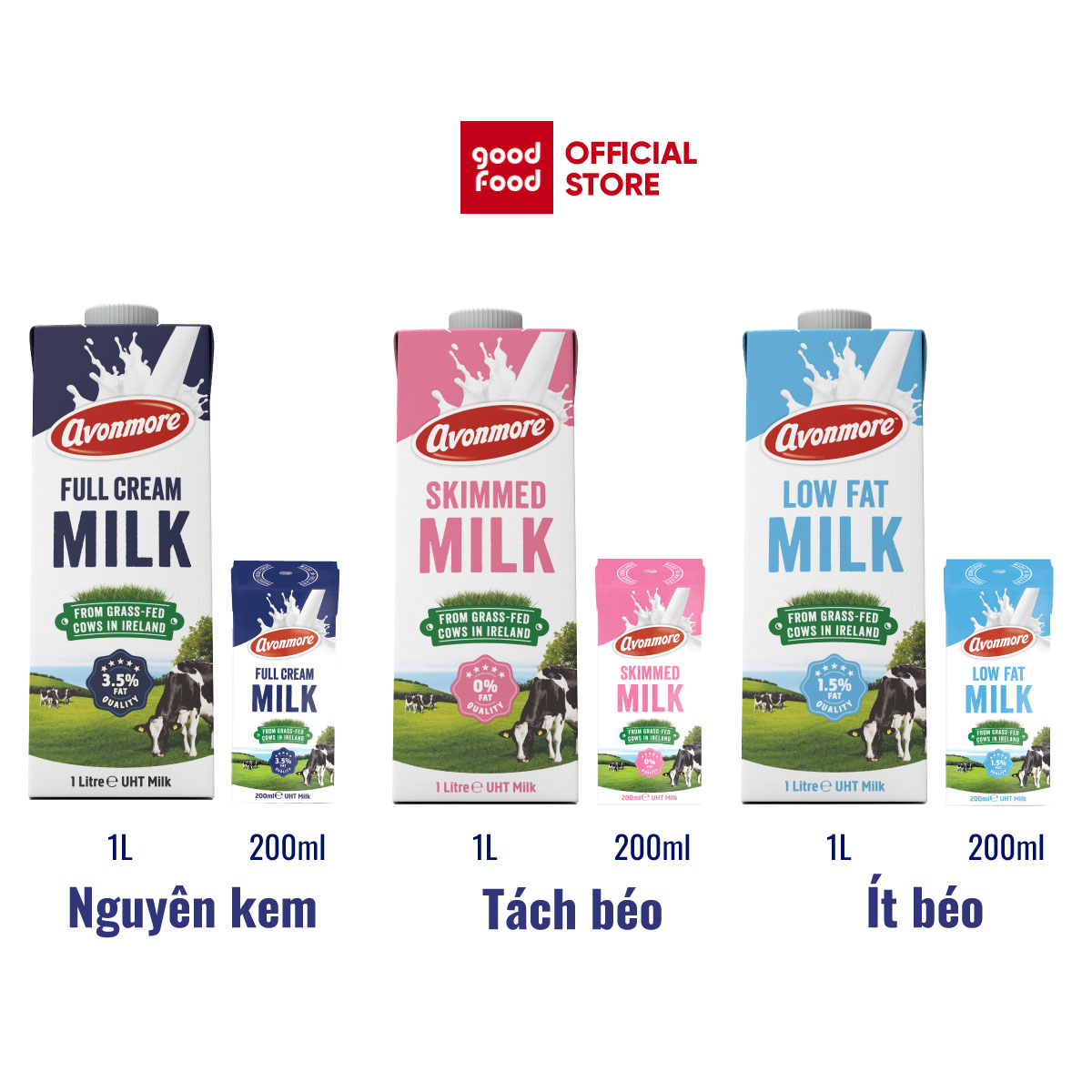 Lốc 3 hộp Sữa tươi ít béo tiệt trùng (không đường) Avonmore UHT Low Fat Milk 200ml