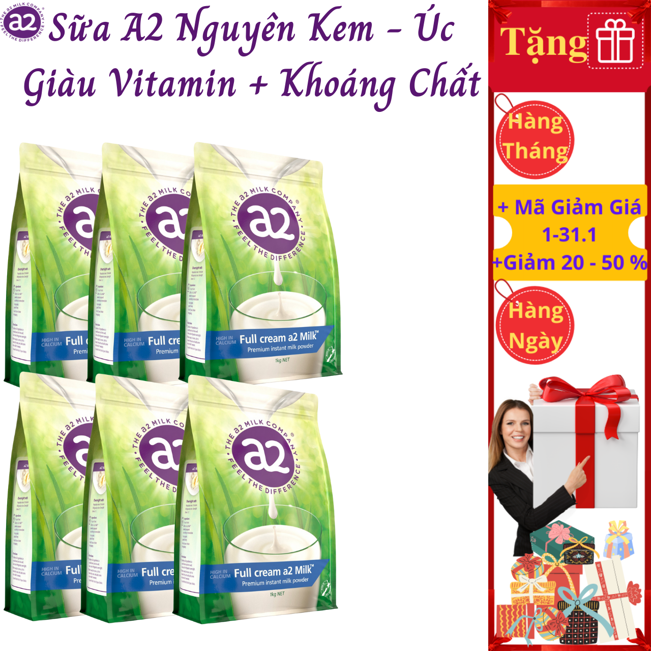 Combo 6 Túi Sữa Bột Nguyên Kem A2 Túi 1Kg của Úc, Giàu Canxi Hỗ Trợ Tăng Cường Sức Khỏe, bổ sung dưỡng chất thiết yếu, cung nấp năng lượng