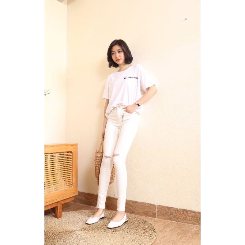 Quần jeans skinny trắng rách ngang gối, quần bò nữ dáng ôm