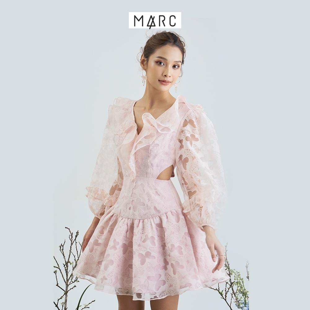 Đầm voan nữ MARC FASHION tay dài cutout eo cổ tim phối bèo FANH112522