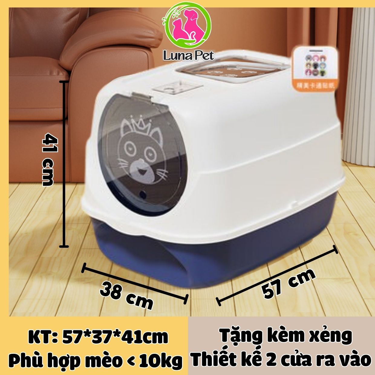 Nhà vệ sinh cho mèo 2 cửa lớn Luna Pet NVS07, Khay cát mèo lớn tặng kèm xẻng