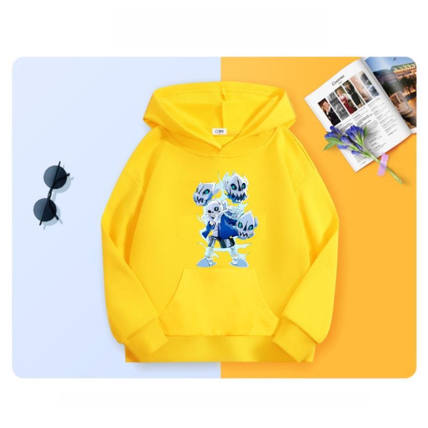 Áo khoác hoodie màu vàng chui đầu in hình Sans cực chất cho bé trai bé gái