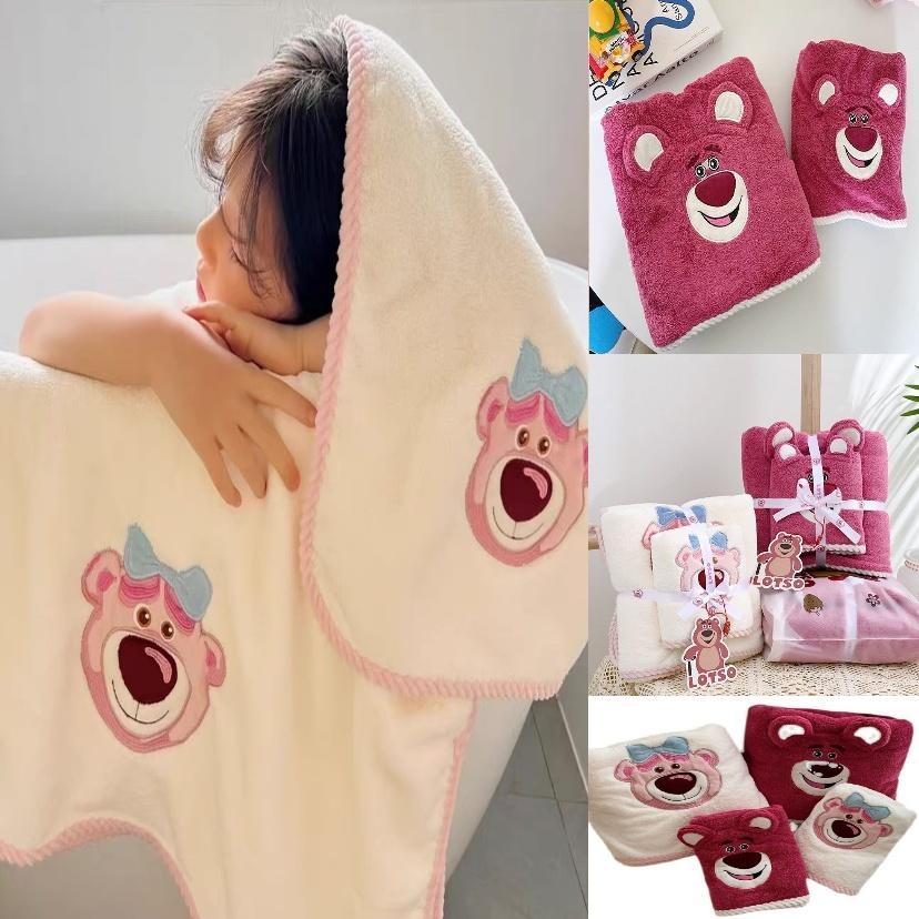 Combo 2 Khăn Tắm Hình Gấu Lotso Đáng Yêu, Cao Cấp, Size Lớn 70x140cm và nhỏ 75x35cm Siêu Mềm Mịn Dày Dặn - ĐỎ