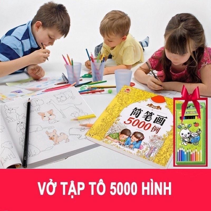 VỞ TÔ MÀU 5000 HÌNH CHO BÉ TẶNG KÈM BỘ 12 BÚT CHÌ MÀU