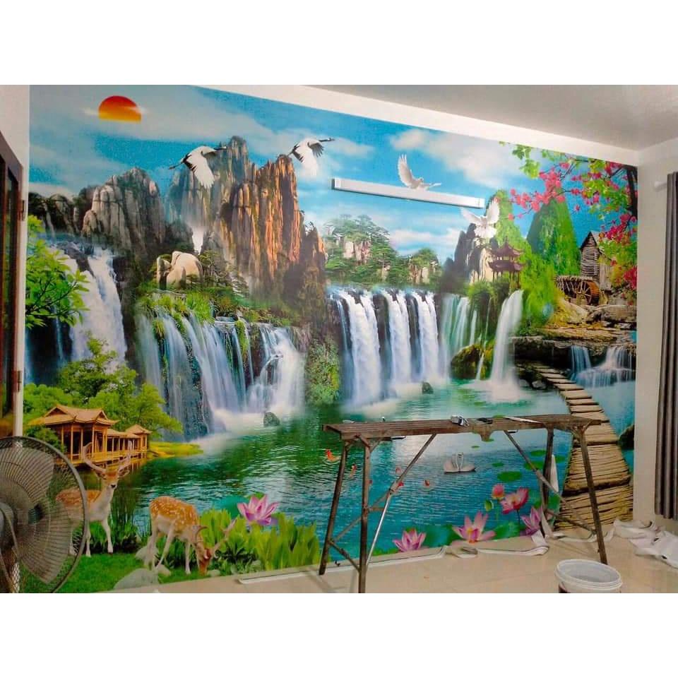 Tranh dán tường 3d phong cảnh Sơn Thuỷ Hữu Tình- Chất liệu vải lụa cao cấp- Tặng kèo keo dán