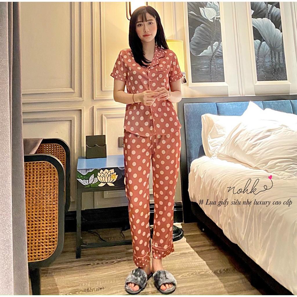 Bộ ngủ Pijama lụa chấm bi to cộc tay cao cấp